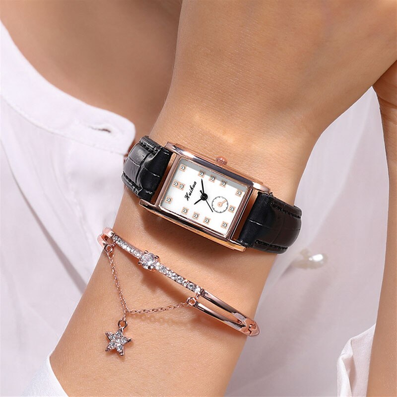 Reloj de correa de cuero fino para mujer, pulsera de mano rectangular con diamantes de imitación, a la , para estudiantes