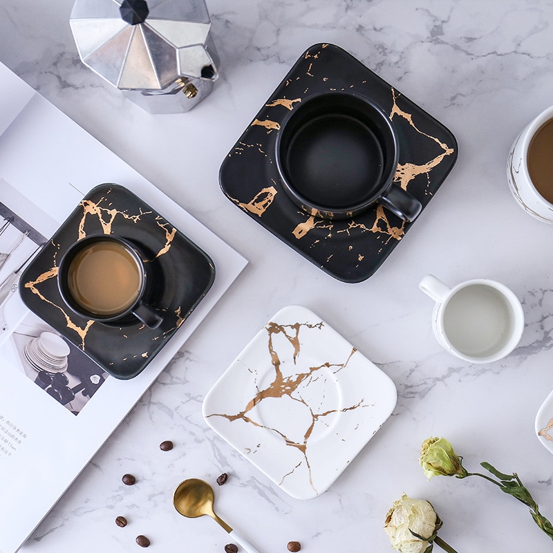 Tasses de luxe en marbre, set de tasses à café et soucoupes du matin, pour le lait, le thé, le petit déjeuner, tasse en porcelaine avec plateau, directe