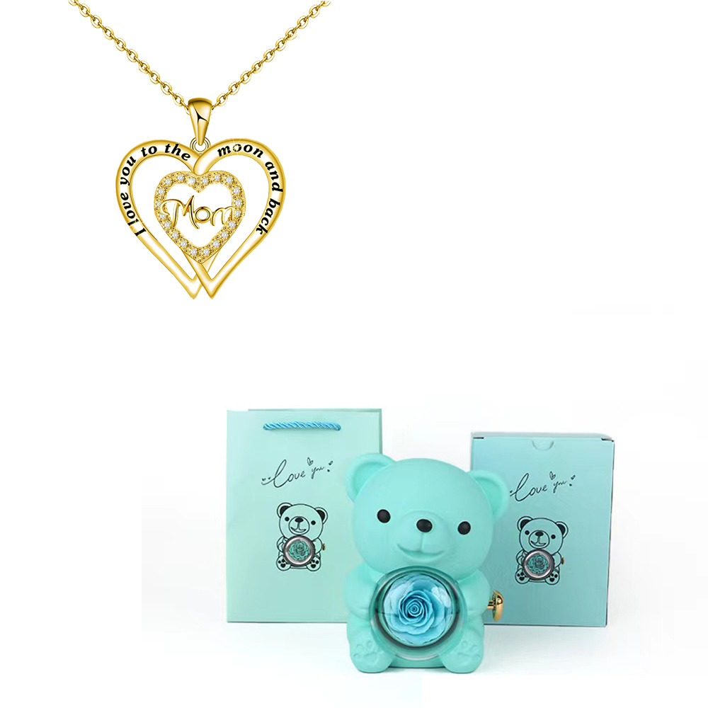 Collares con colgante de mamá de circón en forma de corazón con caja de de flor rosa de oso bonito adecuada para Navidad Día de la madre sorpresa romántica: Rojo óxido