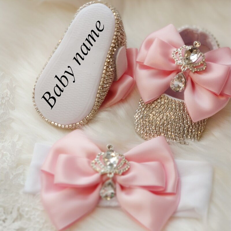 Dollbling Barokke Glam Meisje Eerste Wandelschoenen Golden Crown Exotische Bohemen Unieke Bling Prachtige Strass Baby Wieg Schoenen: pink / 7-12 Months