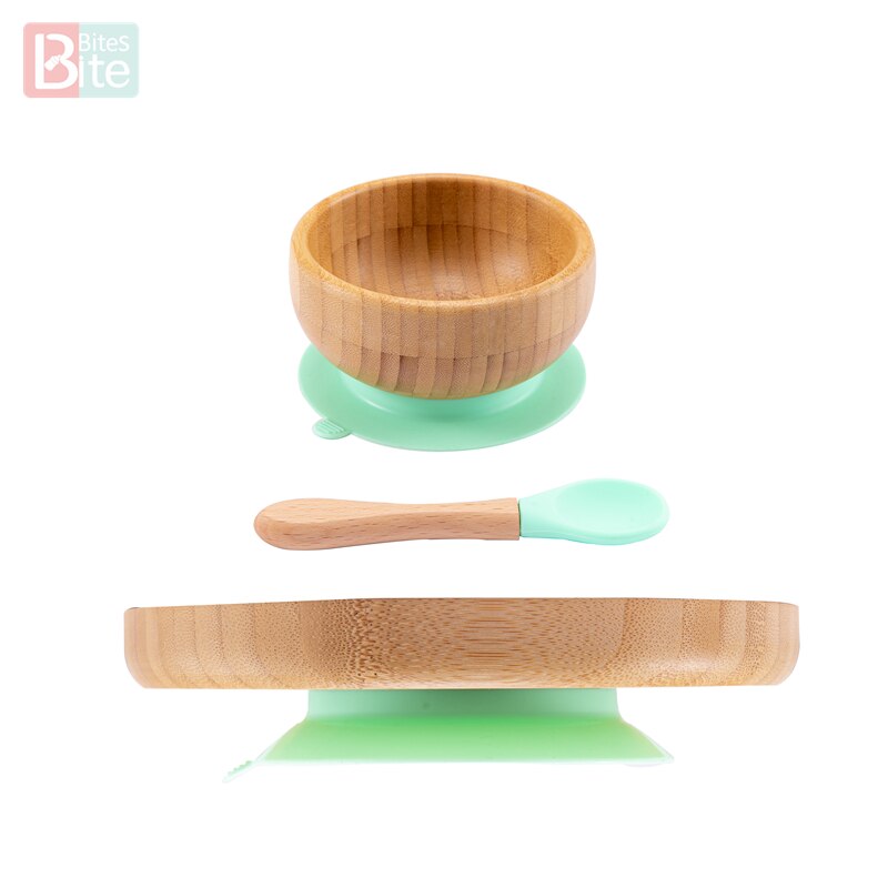 Bol en bambou d'alimentation pour bébé, cuillère anti-éclaboussures en Silicone assiettes à dîner pour bébé vaisselle pour nourrissons 3 pièces/ensemble: Cyan-blue