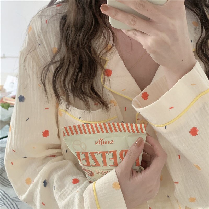 Pijama de algodón de lunares para mujer, ropa de dormir Coreana de manga larga, conjuntos de pijamas para mujer, traje de Rebeca