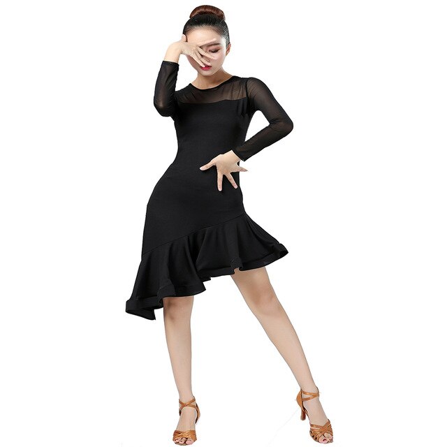 Black Latin Dance skirt Woman Practice latino dress Performance Long-sleeve Latin Dance skirt Woman Latin dance dresses: M