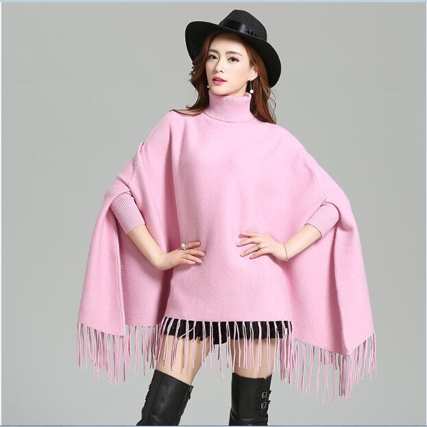 Stil vinter løs sweater sjal rullekrave lange kvaster strikket flagermusærmer sweater: Lyserød