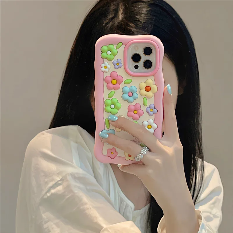 Cute Flower Soft Silicone stereoscopic 3D Case For iPhone15 13 11 12 14 Pro Max Luxury Shockproof Pink Floral Phone Cover