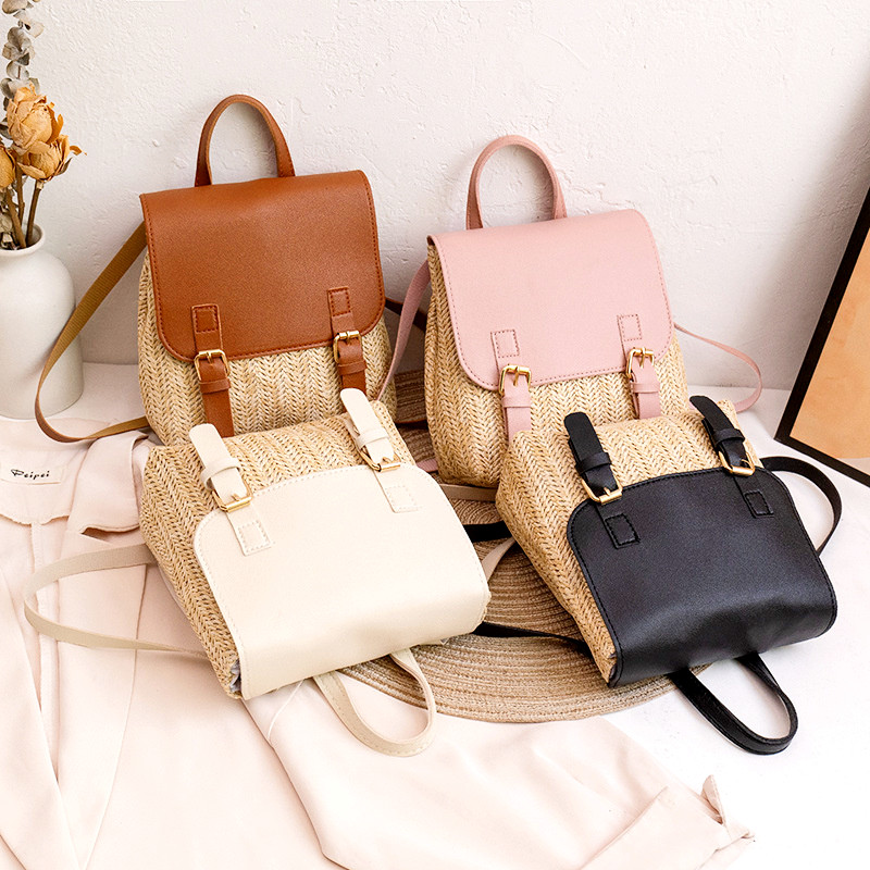 Vintage Straw Backpack Women's Shoulder Bag Versatile Straw Woven PU Leather Luxury Small Backpack