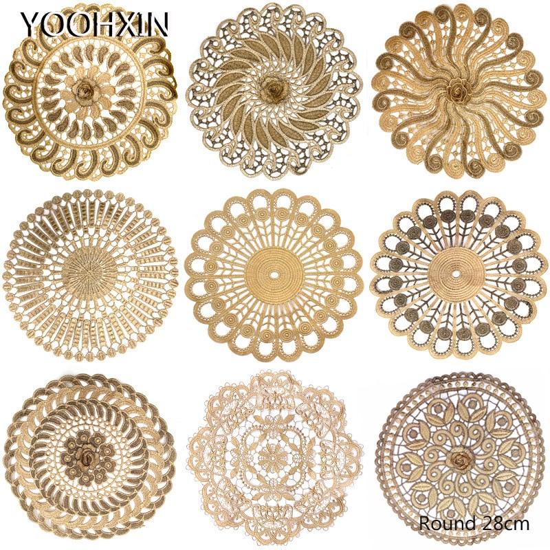 Gold 3D Lace Round Embroidery table place mat Christmas pad Cloth placemat cup mug wedding tea coaster Napkin doily kitchen