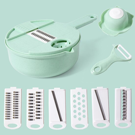 Multi-functional Vegetable Slicer Chopper Kitchen Cutter Vegetable Fruits Tools with 6 Blades Egg Divider Drainer Salad Maker: green