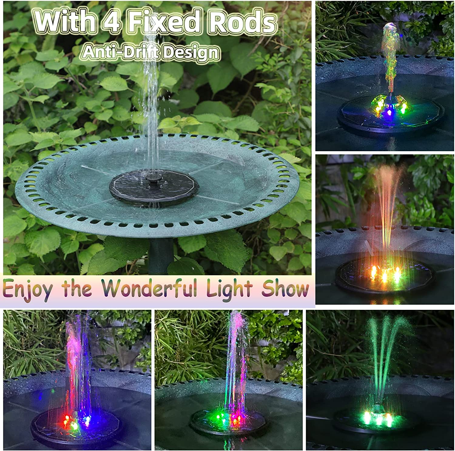 Zonne-Energie Fontein Waterpomp Met Kleur Led Verlichting Voor Vogel Bad 3W Met 7 Nozzles & 4 Fixers Drijvende Tuin Vijver Tank Zonnepomp