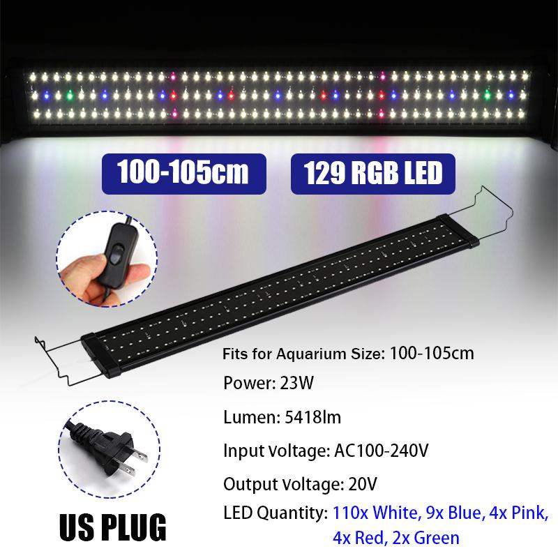 100-105cm 23W Aquarium LED Lighting Fish Tank Light with Extendable Brackets 129 LEDs Full Spectrum Plant Lamp AC100-240V: US Plug