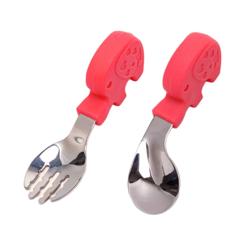 2 piezas de utensilios de acero inoxidable, conjunto de cubiertos, tenedor y cuchara para niños pequeños: Red elephant