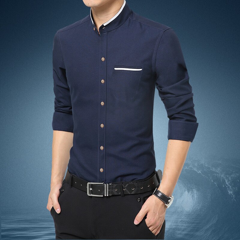Mode Casual Mannen Shirt Lange Mouw Mandarijn Kraag Slim Fit Mannen Koreaanse Bedrijf Heren Dress Shirts Mannen Kleding M-5XL: Dark Blue / M