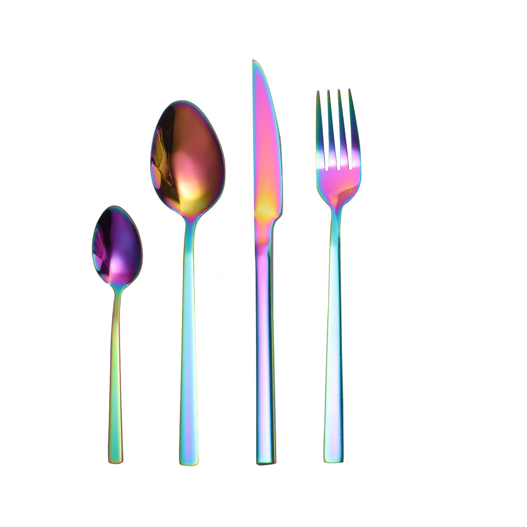 4Pcs 18/10 Stainless Steel Dinnerware Set Golden Cutlery Spoon Fork Knife Western Cutleri Silverware tableware Set Supplies: rainbow 4pcs