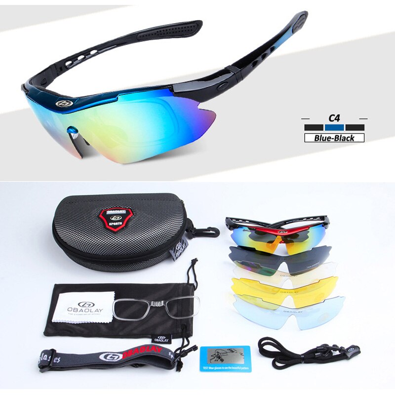 OBAOLAY Gepolariseerde Sport Mannen Zonnebril Road Fietsen Glazen Mountainbike Fiets Rijden Bescherming Goggles Eyewear 5 Lens: C4 Blue Black