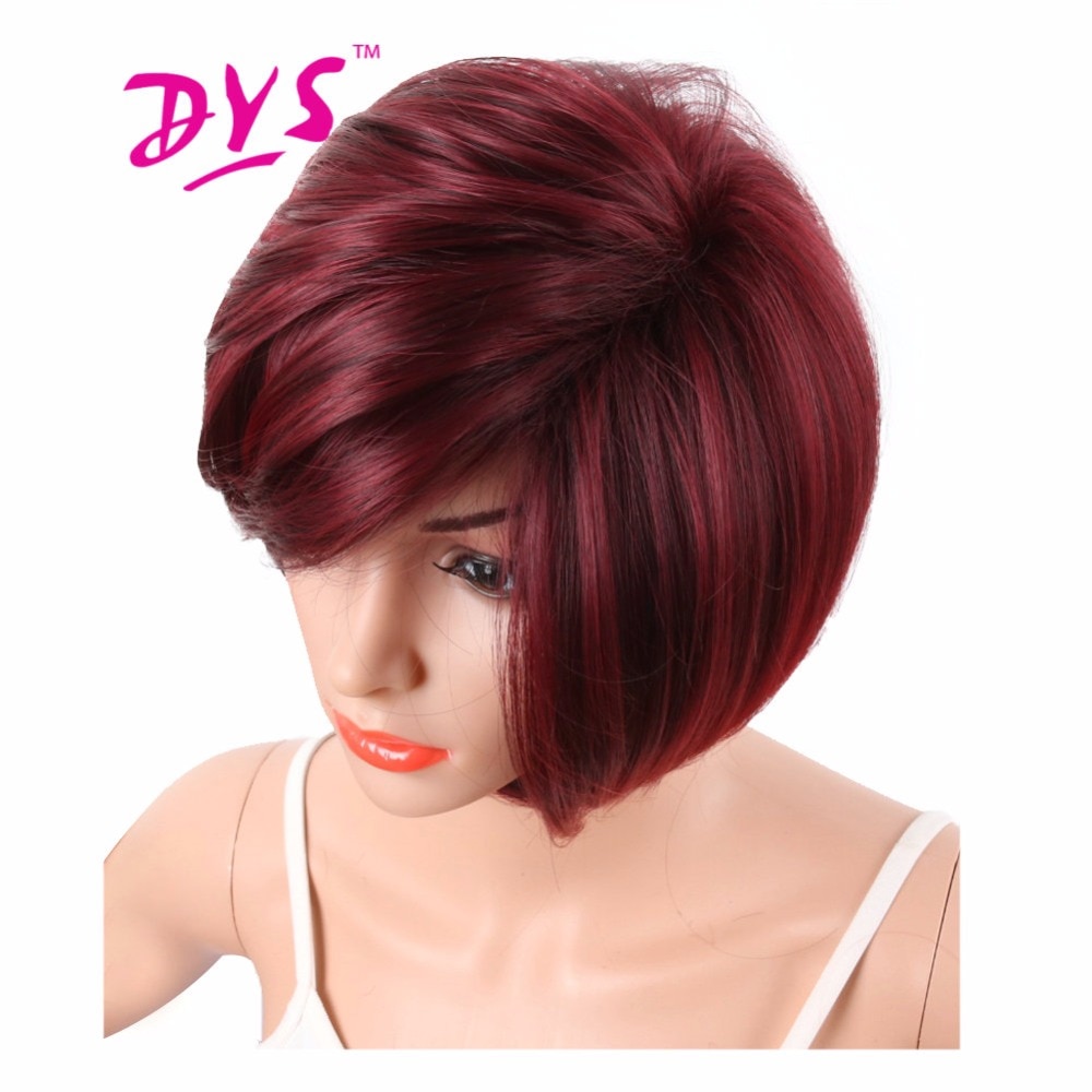 Deyngs vino rojo corto corte Pixie sintético pelucas para mujeres negras con flequillo lateral recta Natural resistente al calor peluca completa