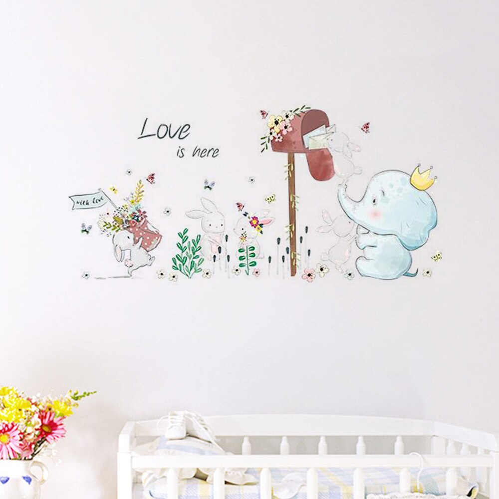 Cartoon Elephant Rabbit Animal Wall Stickers Kids Room Decoration Vinyl Wallpaper Baby Bedroom Wall Decals