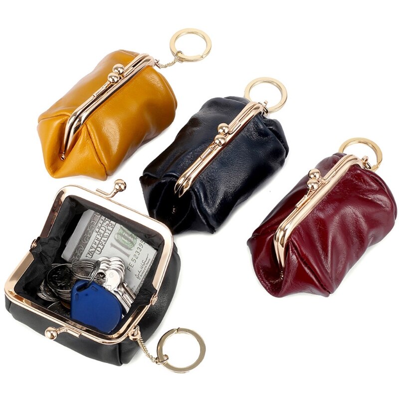 Portable Leather Coin Card Key Ring Wallet Pouch Mini Purse Kiss-Lock Change Bag X7YA
