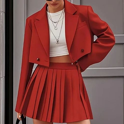 Elegante kurze Blazer-setzt für Damen, bauchfreie Blazer, Jacken und modischer Falten-Minirock, 2-teiliger Anzug für weibliche Outfits, Streetwear