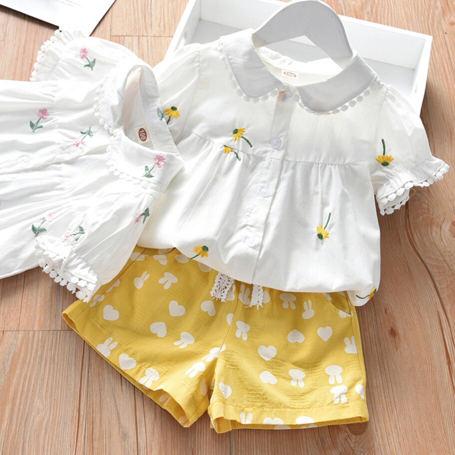 Leuke Meisjes Shirts Lente Zomer Kinderkleding Baby Meisje Bloem Borduren Zoete Korte Mouw Blouse Tops Kids