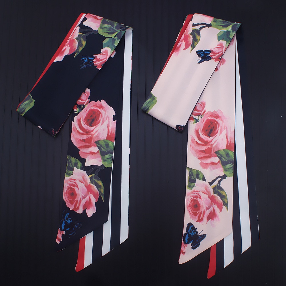110*7cm tynde kvinder slips rose blomst print kvinder silketørklæde bælte mærke håndtaske små lange tørklæder