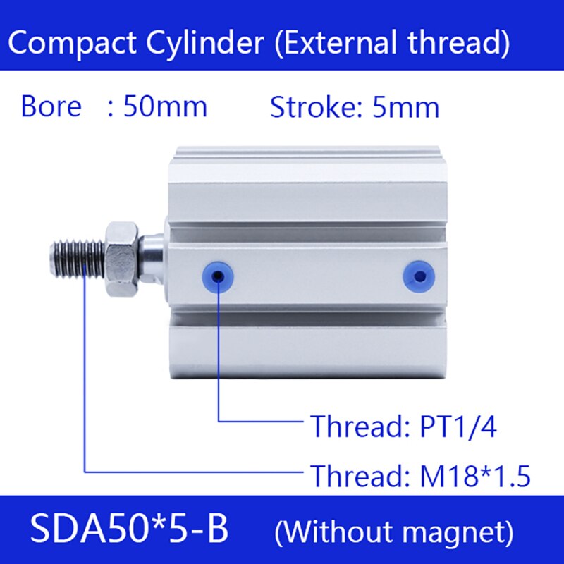 Sda 50 x 5-b 50mm hål 5mm -takts utvändig gänga kompakta luftcylindrar dubbelverkande pneumatisk cylinder