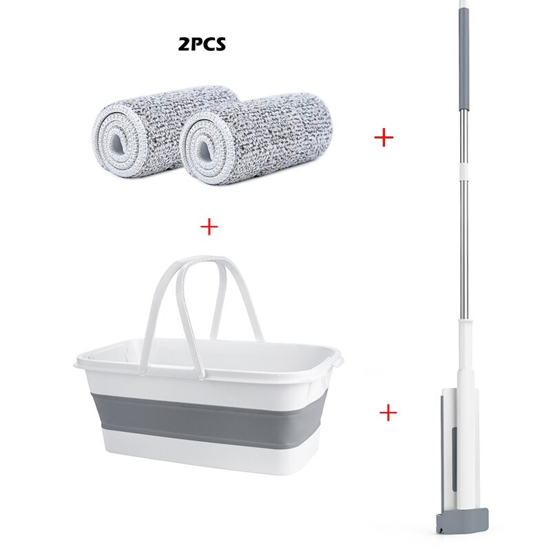Serpillière à presser avec seau replié, lavage manuel paresseux du bois, balai plat à rotation automatique, serpillère de sol, outil de nettoyage ménager: 2pcs with bucket