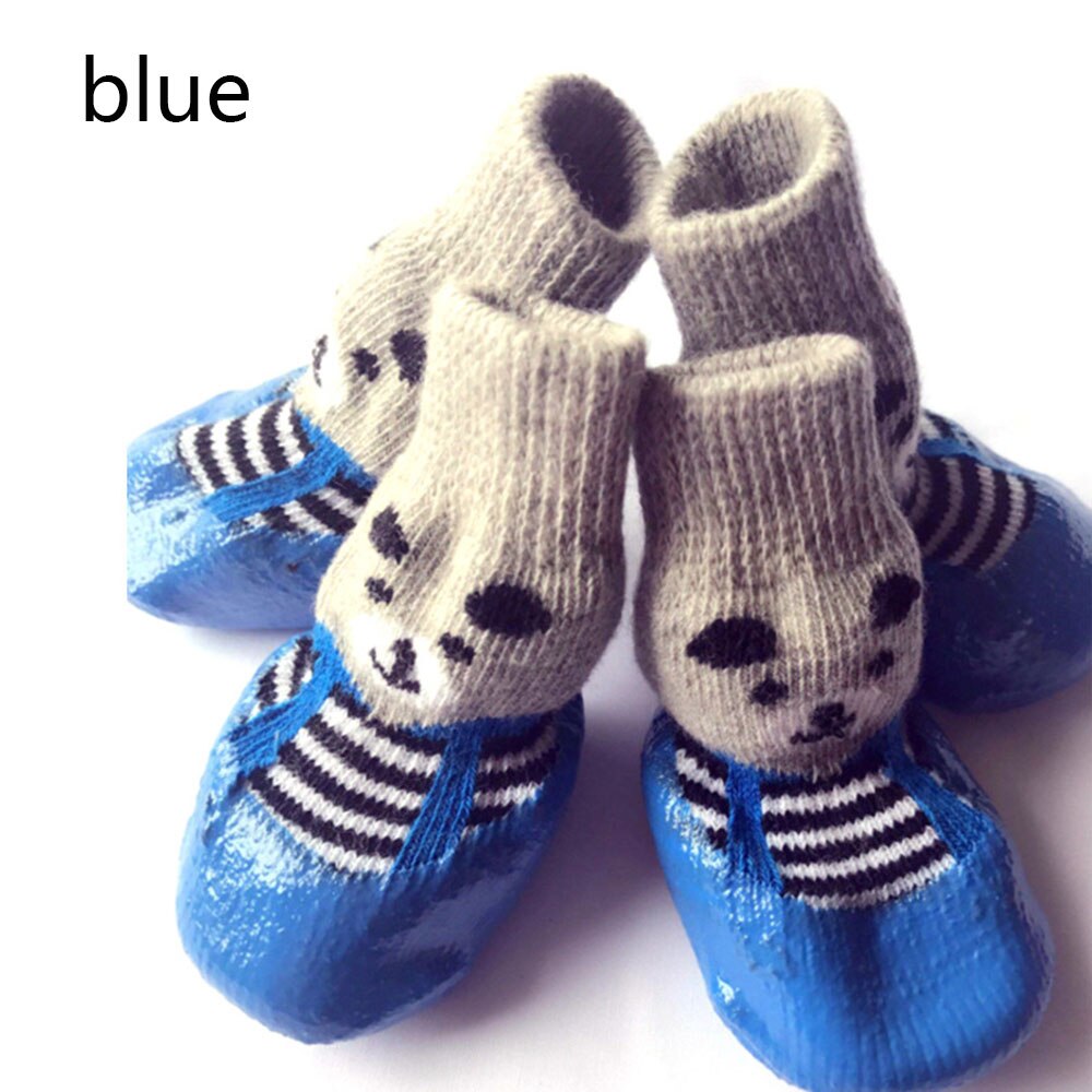 4 unids/set zapatos para perros algodón calzado zapatos para perros impermeable antideslizante perro lluvia botas de nieve calcetines calzado para cachorro perros pequeños: blue / M