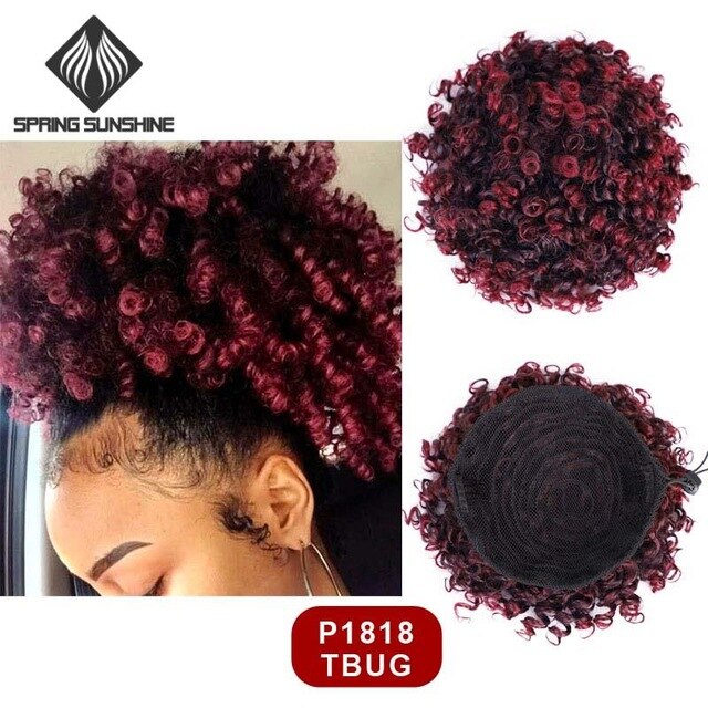 6inch Short Afro Puff Synthetic Hair Bun Kinky Curly Chignon Hairpiece For Women Drawstring Ponytail Updo Hair Extensions 1PC: P1818-T1B-BUG