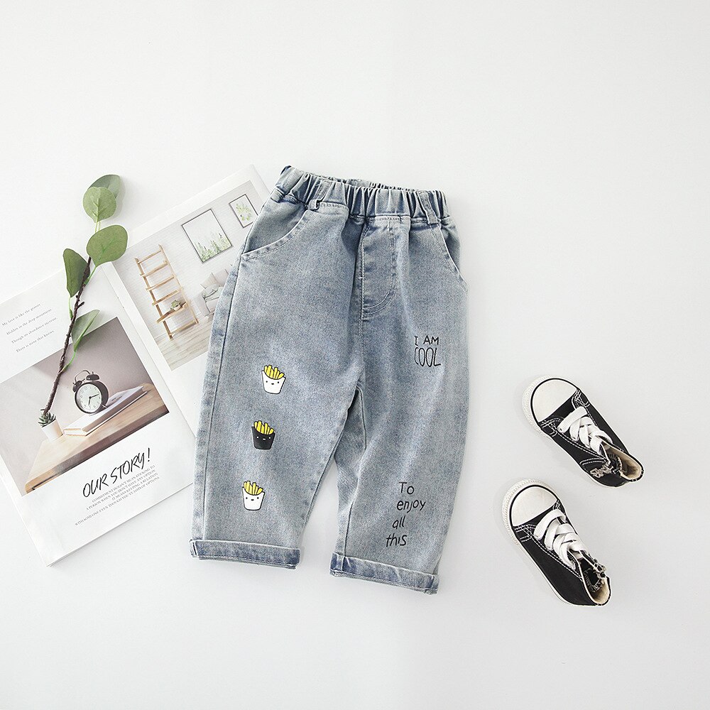 Unisex barn jeans casual popcorn tryck elastisk midja jeansbyxor koreanska tjejer höstbyxor pojkar jeans 1 2 3 4 5 år