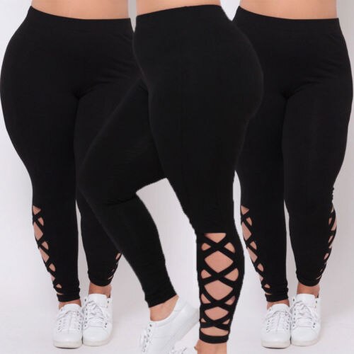 Plus size dames elastische bandage leggings pure criss-cross holle broek effen kleur zij-uitsparingen onderkant