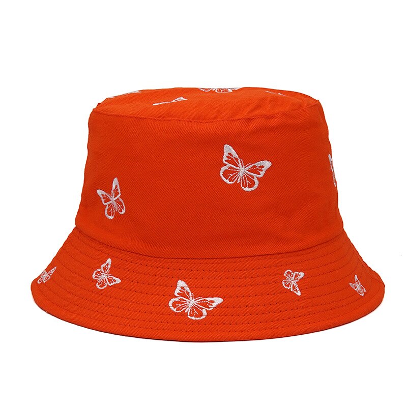 Sombrero de pescador plegable con estampado de mariposa para mujer, gorro de pescador con bordado, estilo Hip Hop, ideal para ,: Orange