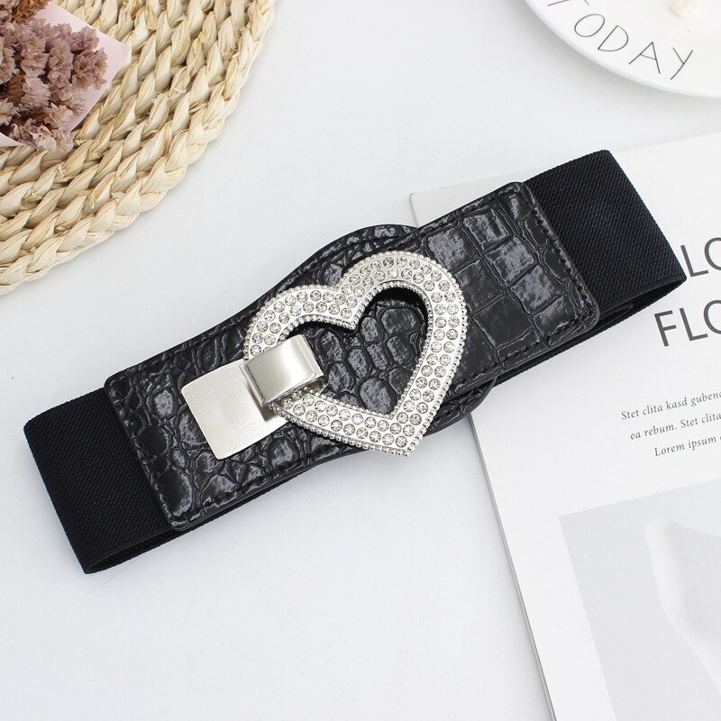 Ceintures pour femmes noires, taille élastique Simple pour dames, boucle de ceinture en métal avec décoration en diamant, pull robe à la ,: F