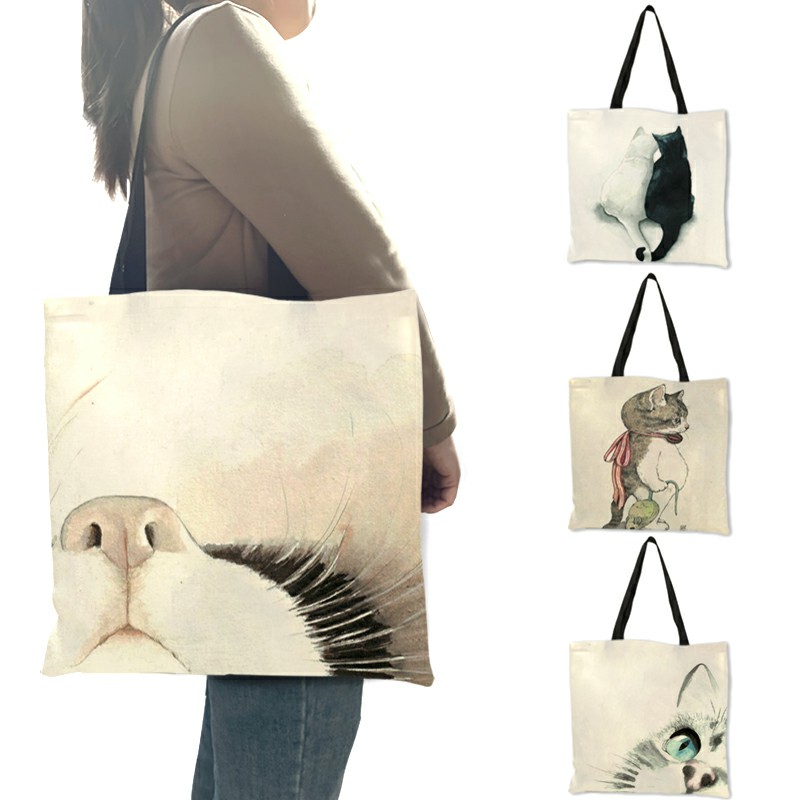 Bolsos de mano pintados a mano con acuarela para mujer, bolso de hombro con estampado Floral de gato bonito, bolso de mano para oficina, bolsos de compras informales diarios