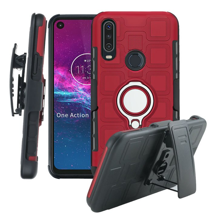 Metalen ring riemclip holster telefoonhoesje voor motorola moto one action hoesje magneet autohouder voor motorola one 1 action hoesje: Rode zilveren ring