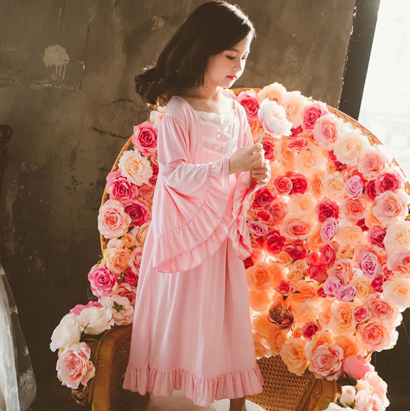 100% de algodón para niñas, vestido para dormir de princesa con retazos de encaje y mangas acampanadas, para niños, primavera y otoño, nuevos productos homeclothes 4-14Y ws1392