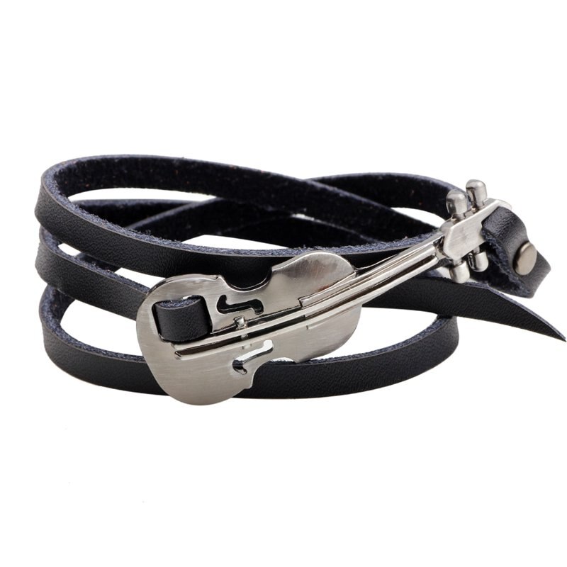 Unique Female Wrap Brown Leather Bracelets Diy Violin Alloy Long Sporty Charm Men Women Bracelets Jewelry: Black