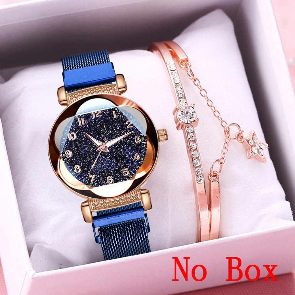 Women Bracelet Watch Set Magnet Buckle Starry Sky Luminous Arabic Numbers Watches Zegarek Damski Reloj Mujer: blue bracelet