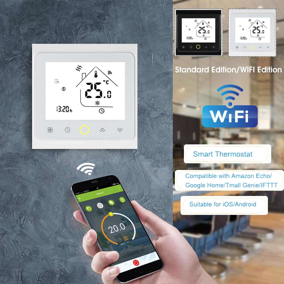 3V WiFi Smart Touch Thermostat Temperature Controller for Water/Electric floor Heating Water/Gas Boiler Tuya APP Remote Control