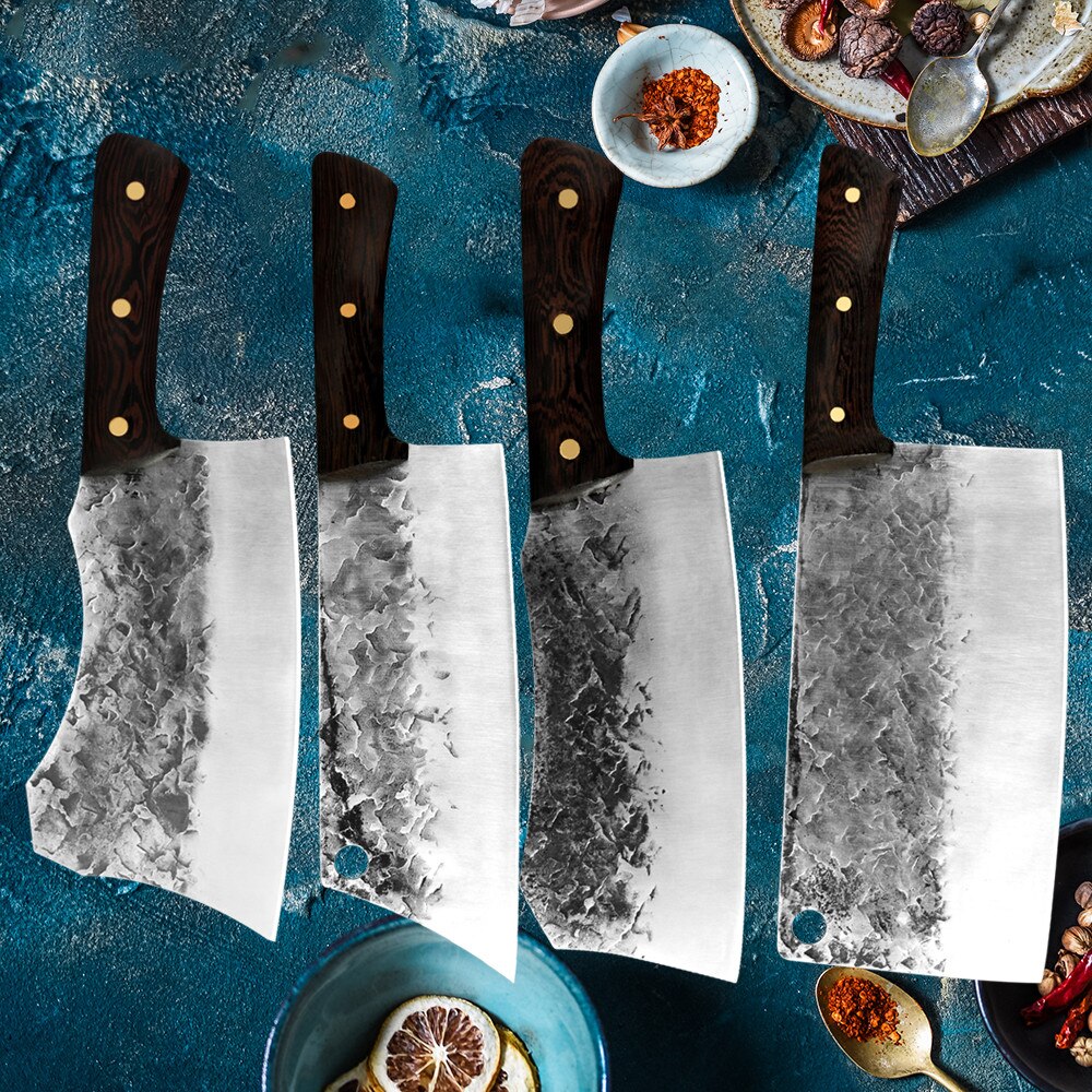 Traditional Forged Kitchen Knife Set Handmade Hammer Stainless Steel Chef's Chopper Cooking Knives Meat Slicer Butcher Knife