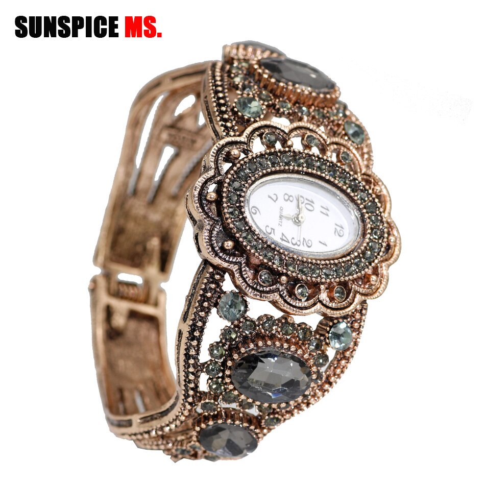 SUNSPICE-MS Quartz Horloge Retro Vintage Armband Manchet Horloge Vrouwen Antieke Goud Kleur Hollow Bloem Indian Sieraden Grijs Kristal: 1535gray