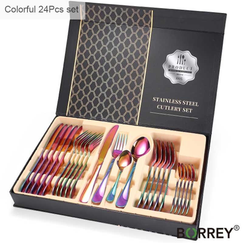 BORREY 24 Uds juego de cubiertos de acero inoxidable, cubiertos de oro rosa, cubiertos de oro, conjunto de vajilla para cena, juego de vajilla occidental: Colorful(24pcs)