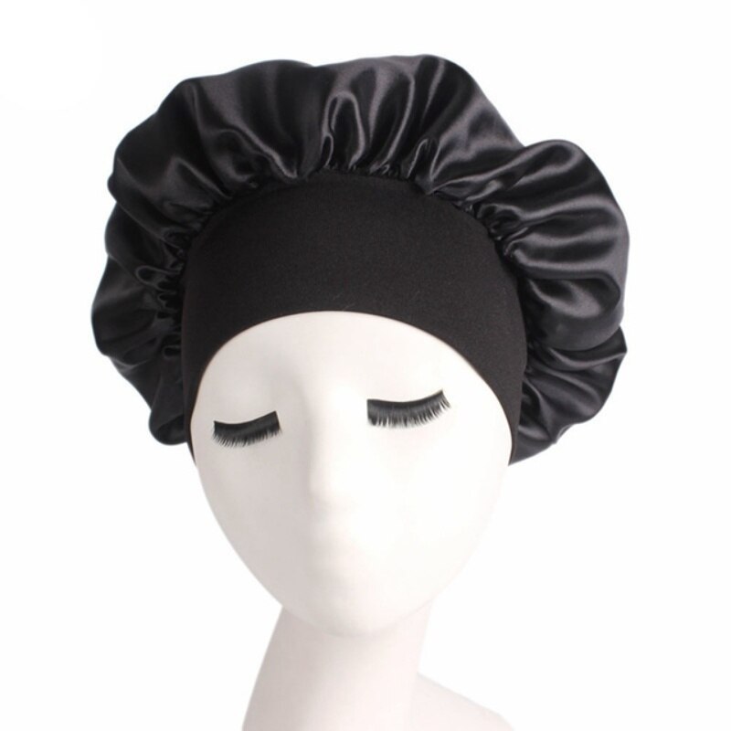 Gorro de dormir liso de satén para mujer y hombre, gorro para dormir de noche, para el cuidado del cabello, Unisex: black
