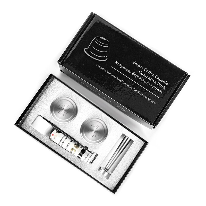 Cápsula de café rellenable Nespresso, cápsulas de filtro de café Espresso de acero inoxidable, cápsulas reutilizables para café, , 4 Uds: 2 Capsule 1 Tamper