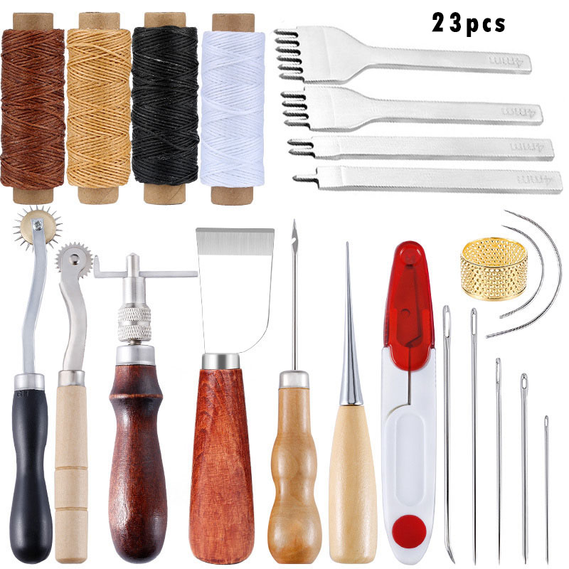 Leather Craft Tools Hand Sewing Stitching Punch Carving Work Saddle Groover Kit Accessories DIY Leather Tool: Set F