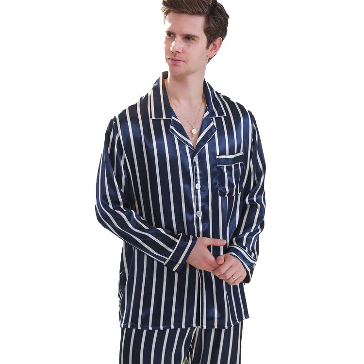 Navy-Blue Striped Nightgown Men Pajama Set Nightwear Sleepwear Home Suit 2PCS Pyjamas Male пижама для мужчин