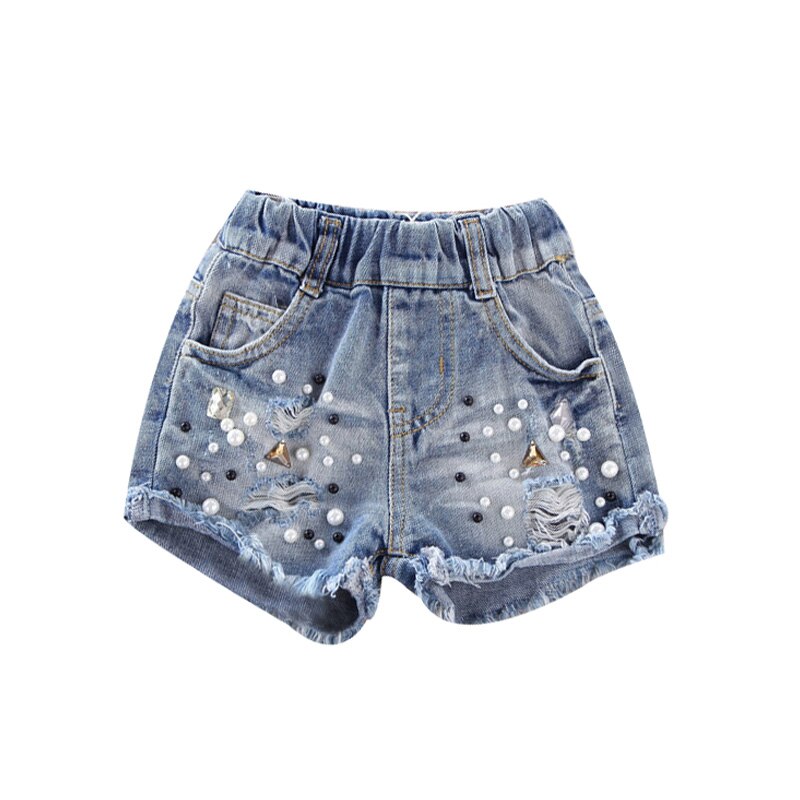 Piger søde shorts denim hul baby perle jeans korte bukser sommerkids bukser pige tøj: 4t
