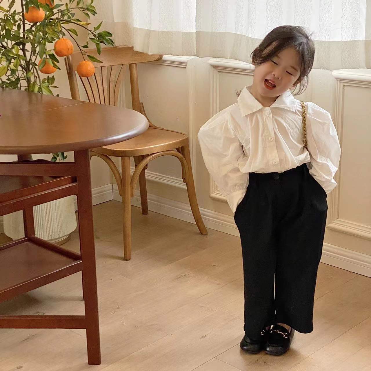 2022 Koreaanse Lente Kinderen Overhemd Kinderen Korte Shirt Girls Bubble Mouw Revers Shirt