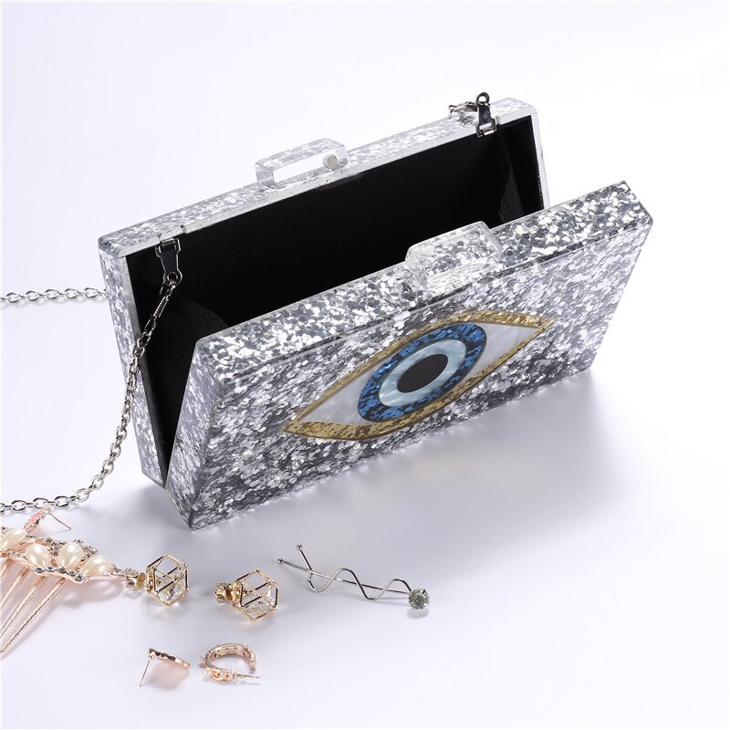 Brand Acryl Tas Glanzend Eye Avond Koppelingen Vrouwen Keten Schoudertas Messenger Bag Sequin Wedding Party Prom Handtassen Purse