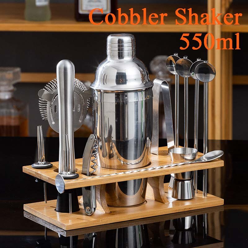Juego de coctelera de acero inoxidable, mezclador de camarero, Zapatero, coctelera Boston, bar, herramientas, Jigger, mezclador, cuchara vertedora: 14pcs Cobbler Sets S