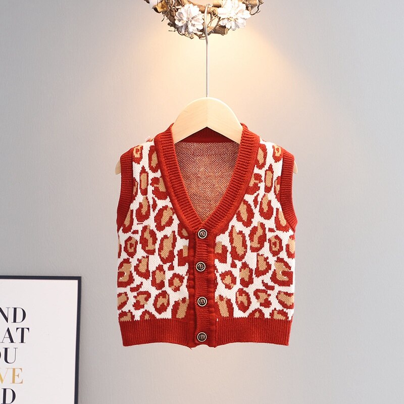 Kids Children Girls Knitwear Waistcoat Tank Outwear Cardigan Knitting Leopard Camis Sweater S12877: Wine Red / 12M